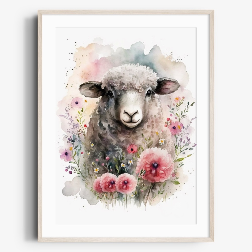 Watercolor Cute Floral Sheep Lamb Wall Art Illustration Print Poster Unframed
